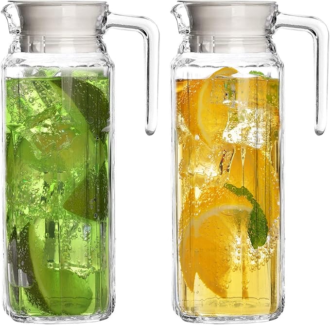 Glass Pitcher with Lid – Set of 2 34Oz Glass Water Pitcher – Cold Water Carafe For Ice Tea, Lemonade, Coffee – Elegant and Modern – Practical Spout Pitchers for Drinks