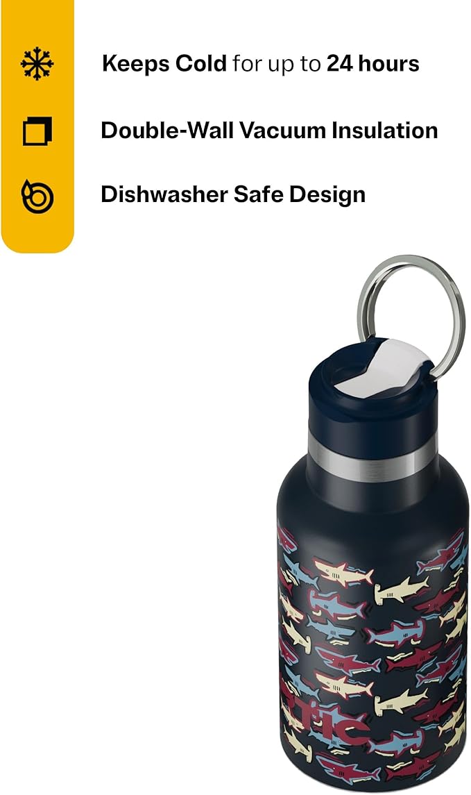 RTIC Little Journey Bottle with Straw, Insulated, Stainless Steel, Metal, Double Wall Vacuum-Insulation, Ceramic-Lined, Leak-Proof Lid, BPA-Free Water Flask for Sports, Travel, Navy Sharks