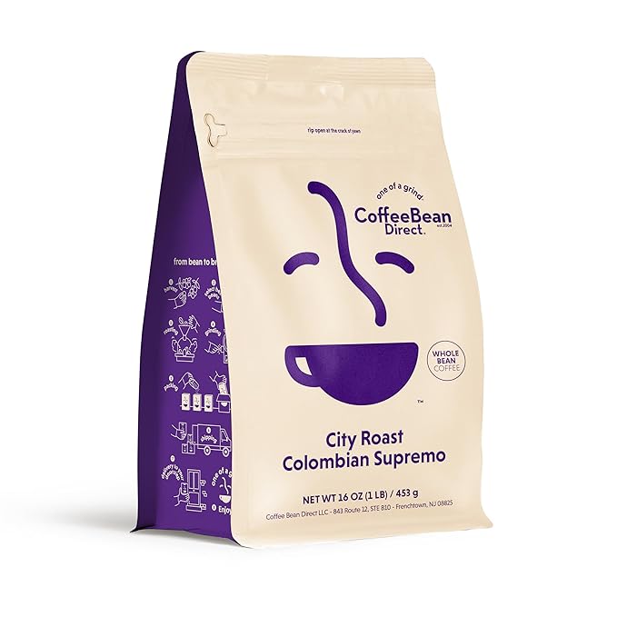 Coffee Bean Direct City Roast Colombian Supremo, Whole Bean Coffee, Medium Roast, 1 Pound Bag (Pack of 1)