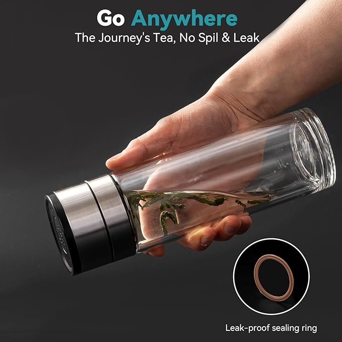 COMI Tea Bottle with Infuser,Double-Wall Glass Travel Mug with One Click Open Lid, Leak Proof Tea Infuser Bottle for Loose Leaf, Fruit & Flower Infused Drinks, Heat & Cold Resistant, Tea Gift Set