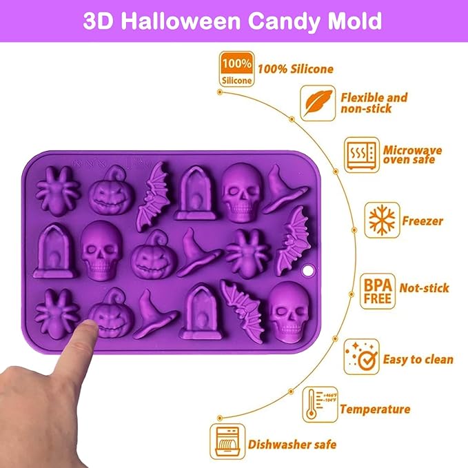 Halloween Chocolate Mold Silicone,18 Cavity Candy Gummy Mold with Pumpkin Wizard Hat Bat Spider Tombstone for Baking Chocolate Jelly Gummy Dessert (2pcs)