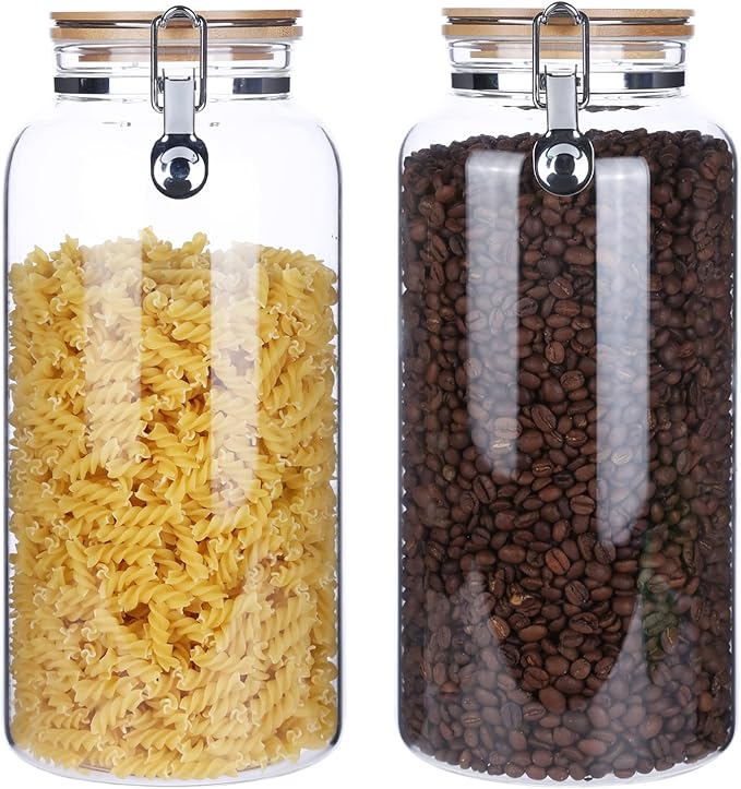 KKC HOME ACCENTS Glass 2 lb Whole Bean Coffee Glass Container with Airtight Hinged Bamboo Lids,32 Ounce Coffee Beans Glass Canisters,Large Sealed Glass Storage Jars for Flour,Sugar,Nut,Pasta,Cereal