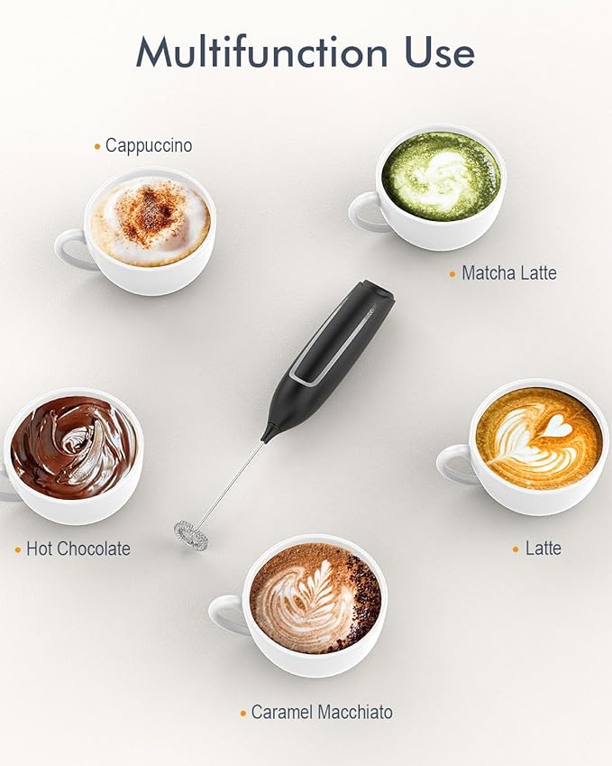 Milk Frother Handheld Battery, Electric Foam Maker Frother Wand, Drink Mixer with Stainless Steel Whisk for Coffee, Matcha, Lattes, Cappuccino Black