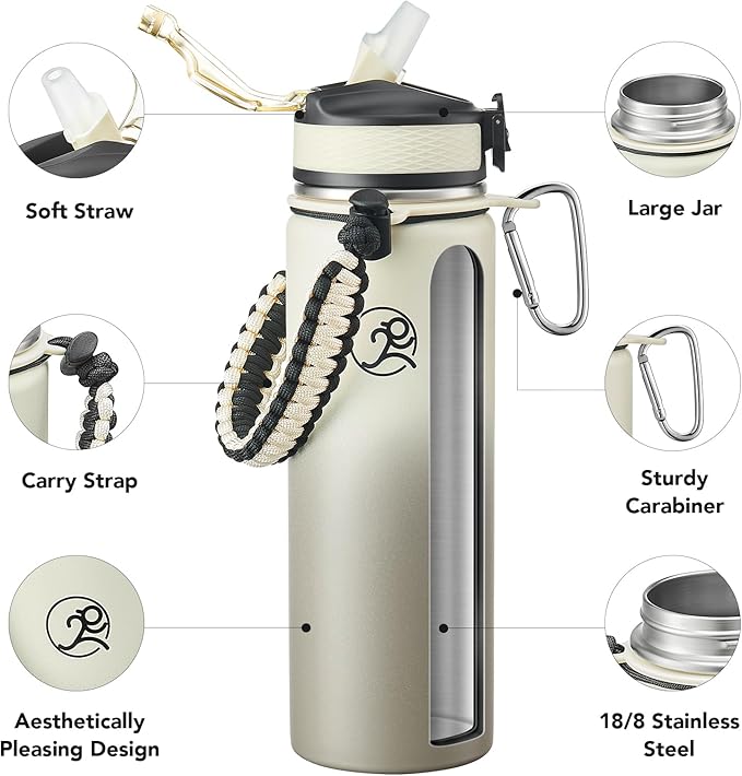GOSWAG Insulated Sports Water Bottle, 24oz 2 Lids(with Straw/No Straw), Stainless Steel Water Bottles with Paracord Handle, Insulated Bottle with Double-Wall Vacuum Insulation