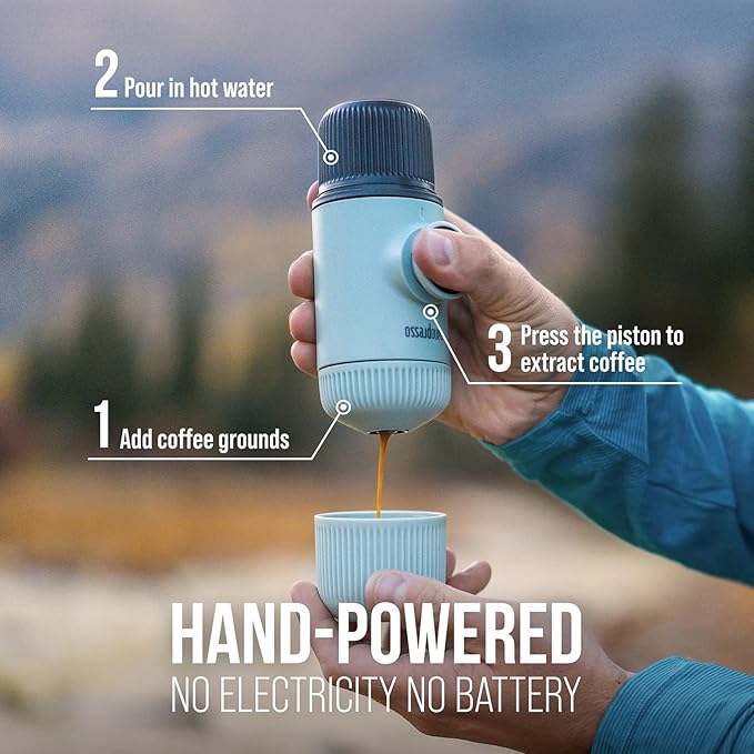 WACACO Nanopresso Portable Espresso Maker with Case, Mini Travel Coffee Machine, Perfect for Camping, Travel and Office（ Elements Arctic Blue）