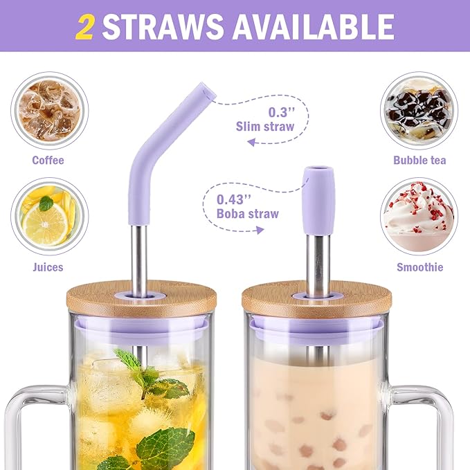 Kodrine Tumbler with Lid and Straw, 20 oz Glass Coffee Tumbler with Handle, Smoothie Cup with Bamboo Lid | Time Marker | Silicone Protective Sleeve, BPA Free - Purple