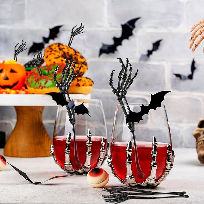Remerry 100 Pcs Halloween Skeleton Swizzle Sticks Cocktail Garnish Sticks Hand Plastic Food Picks Coffee Stirrers Reusable Drink Stir Sticks Halloween Party Decorations for Birthday Bar Home(Black)