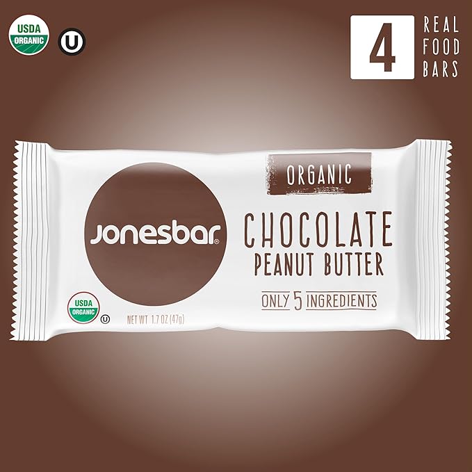 JONESBAR (Chocolate Peanut Butter, 4 Count (Pack of 1)), USDA Organic Fruit & Nut Bar, Non-GMO, Kosher, Vegan, Gluten Free, Simple Snack Bar