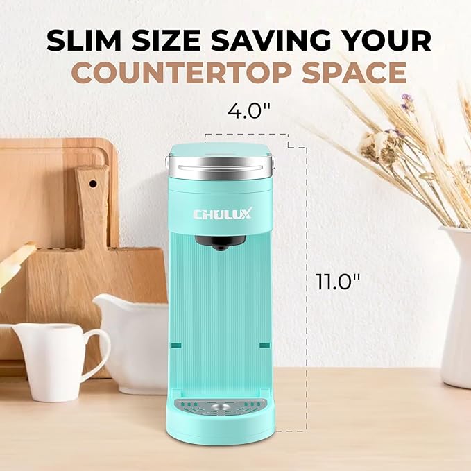 CHULUX Slim Single Serve Coffee Maker for K Cup, Mini Travel One Cup Coffee Machine for Home, Desk, Kitchen and Bedroom, Fits Travel Mug, Cyan