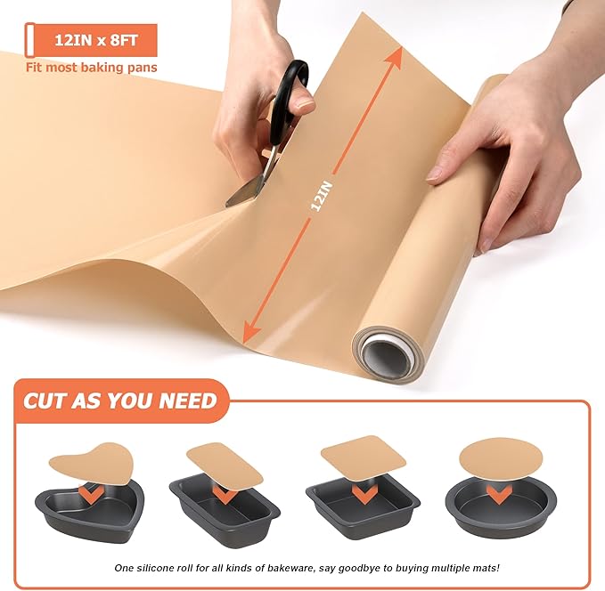 Silicone Baking Mat Roll - Best German Silicone - Non-slip Silicone Pastry Mat, Non-Stick Reusable Air Fryer Linner, Counter Mat, Oven Liner, Freeze Dryer Mat - 12IN x 8FT