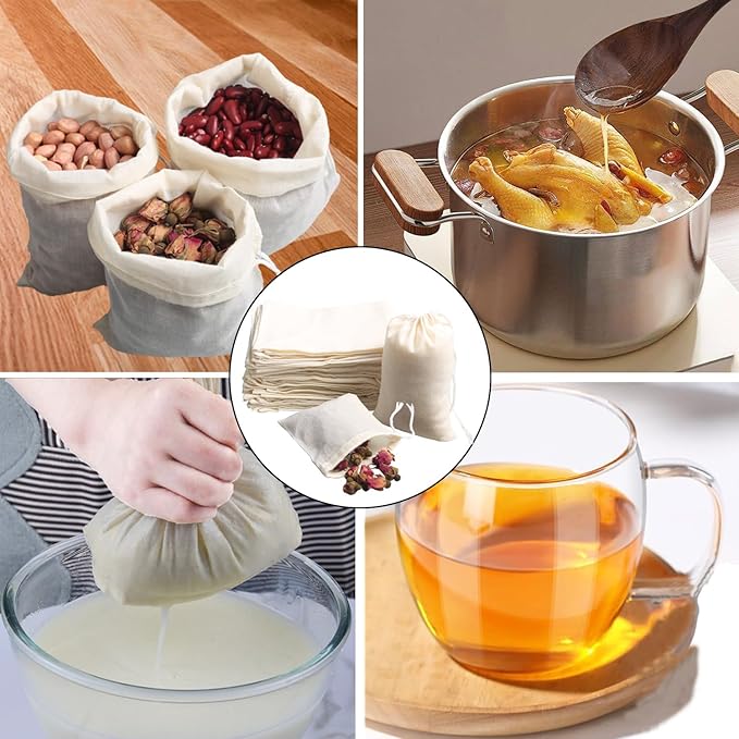 Eketirry Spice Bags, 20pcs Reusable Empty Tea Bags, Muslin Strainer Bags, Soup Bags for Cooking, Natural Cotton Fine Mesh Cheesecloth Bags for Cold Brew Coffee(6 x8Inch)
