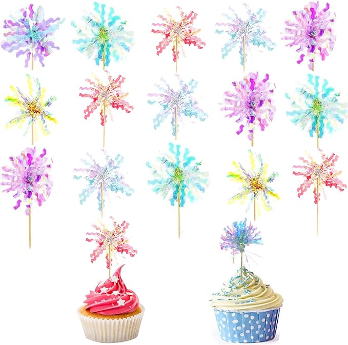 30 Pieces Happy Birthday Cake Toppers Foil Firework Cupcake Toppers Sparkle Tinsel Flower Drink Stirrers for Cake Decoration Party Supplies