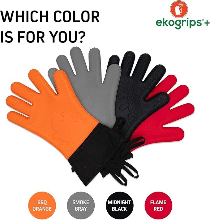Ekogrips+ Premium Silicone Oven Mitts - Comfy, Waterproof, Heat Resistant BBQ Gloves for Grilling, Long Cuff for Added Protection, 5 Finger Dexterity, 3 Sizes, 4 Colors, L/XL, Orange