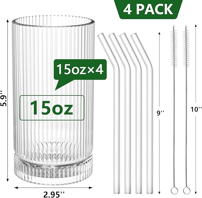 15 Oz Glass Cups with Straws, Vintage Glassware for Whiskey Cocktail Beer, Iced Coffee Cups and Drinking Glassare (4 PACK)