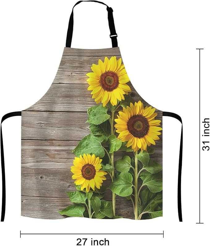 Sunflowers on Wooden Board Apron for Women and Men, Adjustable Kitchen Chef Apron for Cooking Baking - Cute Birthday, Anniversary, Mother's Day Apron Gifts for Mom Wife Girlfriend Aunt Grandma