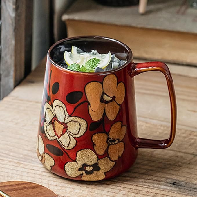 Large 24 oz Ceramic Coffee Mug with Large Handle, Vintage Floral Coffee Cup, Extra Big Tea Cup for Office and Home, Dishwasher and Microwave Safe, Red