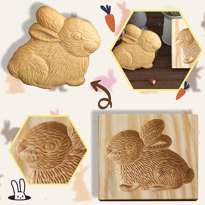Wooden Cookie Biscuit Mold, 3D Baking Mold, Embossing Craft Decorating Baking Tool, Suitable for Halloween Thanksgiving Christmas Kitchen DIY (Rabbit 10 * 10 * 2)