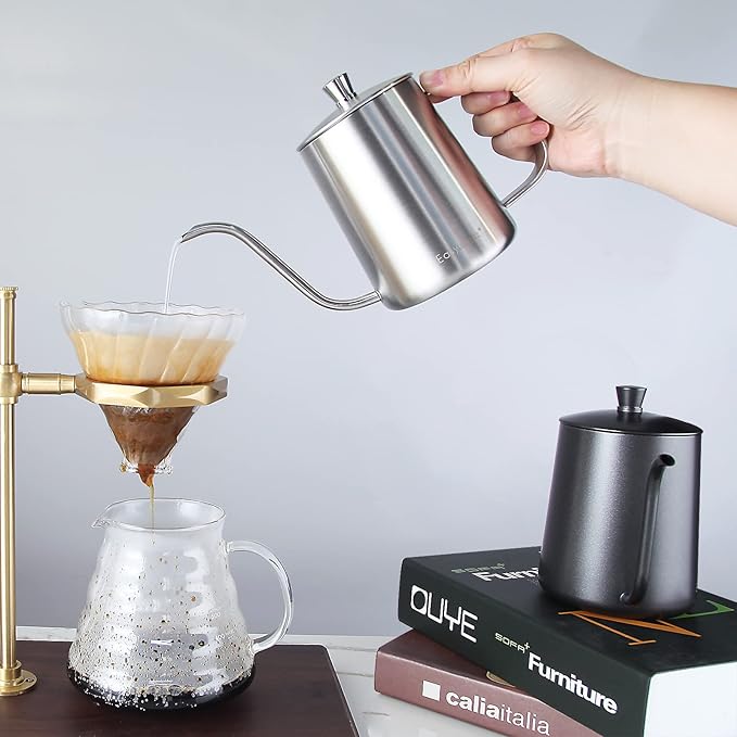 Easyworkz Gage Gooseneck Pour Over Coffee Kettle 12 oz Stainless Steel Hand Drip Long Narrow Spout, Silver