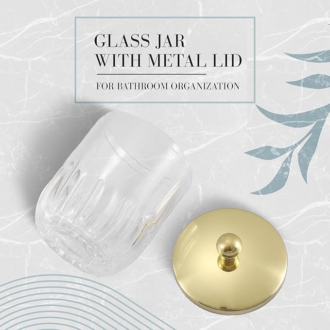 Glass Jar with Metal Lid for Bathroom Organization, Clear Apothecary Jar for Cotton Balls, Q Tips, and Small Accessories, Stylish Bathroom Storage Container Gold