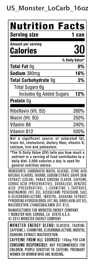 Monster Energy, Lo-Carb Monster, Low Carb Energy Drink, 16 Ounce (Pack of 15)