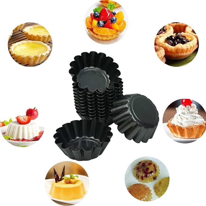 12 Pack Mini Tart Pan, Non-stick Carbon Steel Tart Molds, Pie Mould, Muffin Cupcake Pudding Maker - for Pies, Chinese Tart, Cakes (Size 2.6"x0.9")