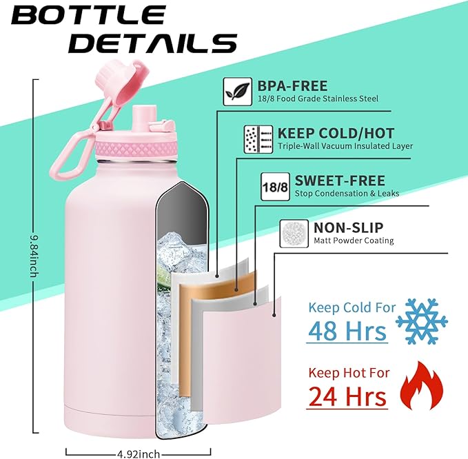 Half Gallon Water-Bottle with Straw - Pop-up Chug Lid (Cold 48H & Hot 24H) 64oz Insulated Water Bottle Flask with Sleeve Strap, Paracord Handle, Bottle Boot, Pink Stainless Steel Metal Water Jug