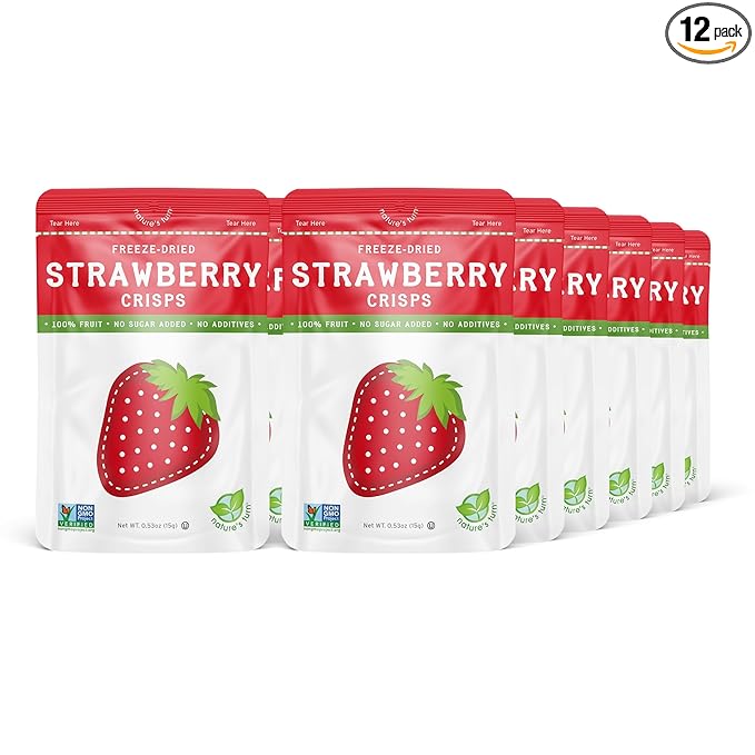 Nature’s Turn Freeze-Dried Strawberry Crisps – Healthy, Gluten-Free, Crispy & Delicious, Plant-Based Snack, Ideal for Cereal, Smoothies, School Lunches, & On-the-Go, Bags of 12 (0.53 oz Each)