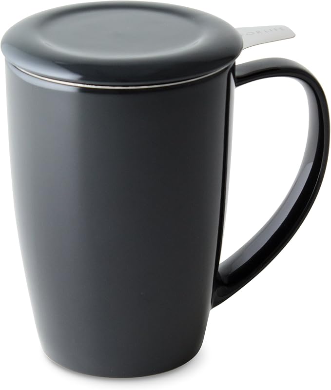 FORLIFE Curve Tall Tea Mug with Infuser and Lid 15 ounces, Black Graphite
