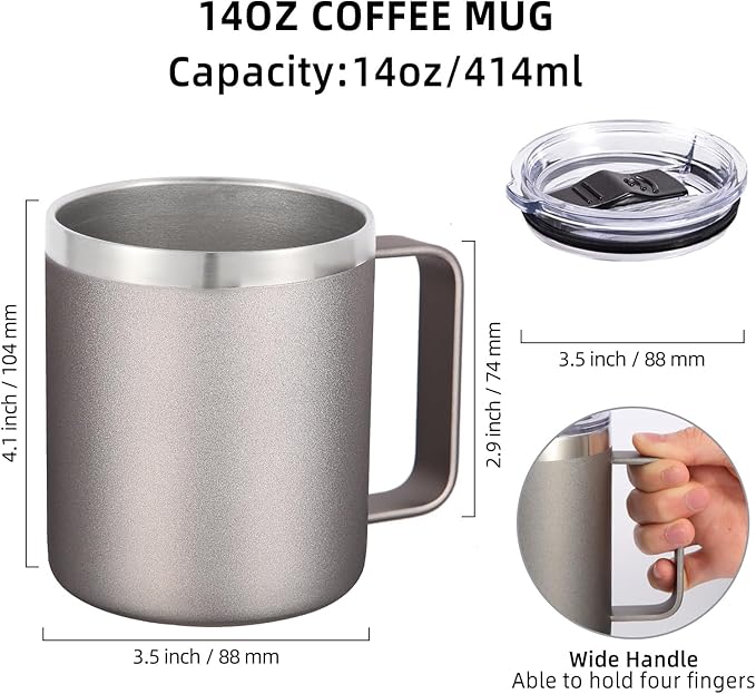 Volhoply 14oz Insulated Stainless Steel Coffee Mug with Lid Bulk 2 Pack,Double Wall Vacuum Travel Coffee Cup with Handle,Reusable Metal Cups Tumbler,Camping Mugs Keep Hot,Ideal Gifts(Gray,2 Set)