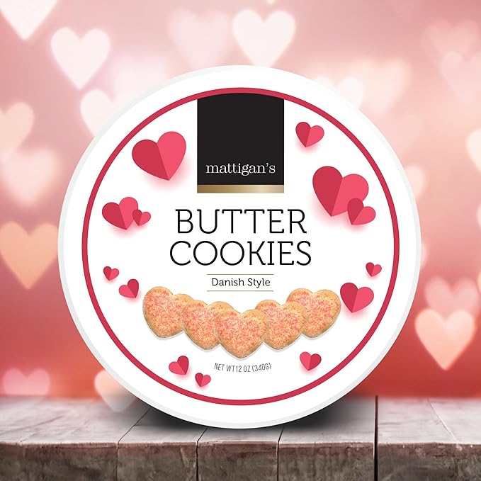 Mattigan's Pink Heart Butter Cookies Danish Style Cookie, 12 Oz Tin, Gourmet Gifts, Holidays, Birthday, Special Occasions, Assorted Cookie Dessert Sweets, Reusable Metal Tin