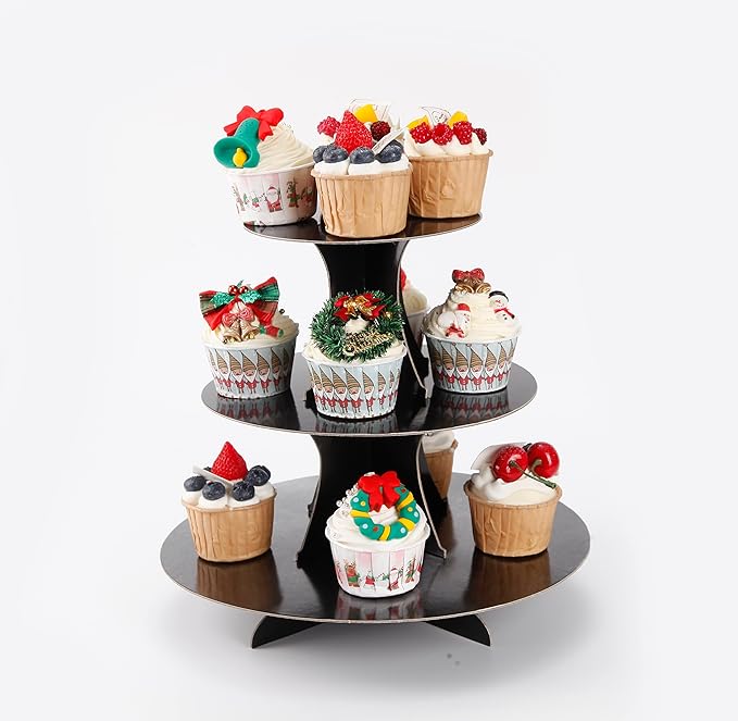 2Pcs 3-Tier Cupcake Stand, Cake Stand holder, Tiered DIY Cupcake Stand Tower for Dessert Table Displays, Birthday Theme Party Favors Decoration, Floral Tea Party, 12" W x 12.8" H, Black