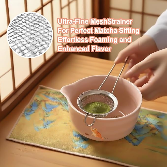 Matcha Whisk Set, 7PCS Matcha Set Includes Ceramic Matcha Set Includes Matcha Bowl, Matcha Whisk and Holder, Bamboo Scoop, Scoop Rest, Sifter and Tea Towel, Gift Bag (Pink)