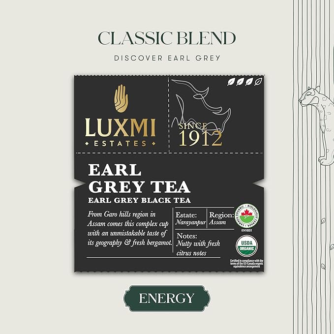 Luxmi Estates Garo Hills Organic Earl Grey Black Tea 50 Tea Bags (100gm) Pack | USDA Organic - Earl Grey Tea Bags | 100% Natural Bergamot Extracts | 50 Cups |Assam Black Tea