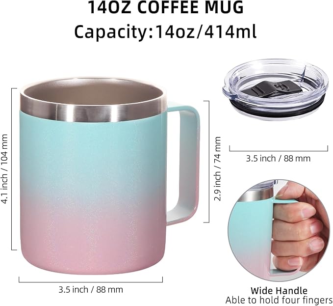Volhoply 14oz Insulated Stainless Steel Coffee Mug with Lid Bulk 4 Pack,Double Wall Vacuum Travel Coffee Cup with Handle,Reusable Cups Tumbler,Camping Mugs Keep Hot,Ideal Gifts(Green Pink,4)