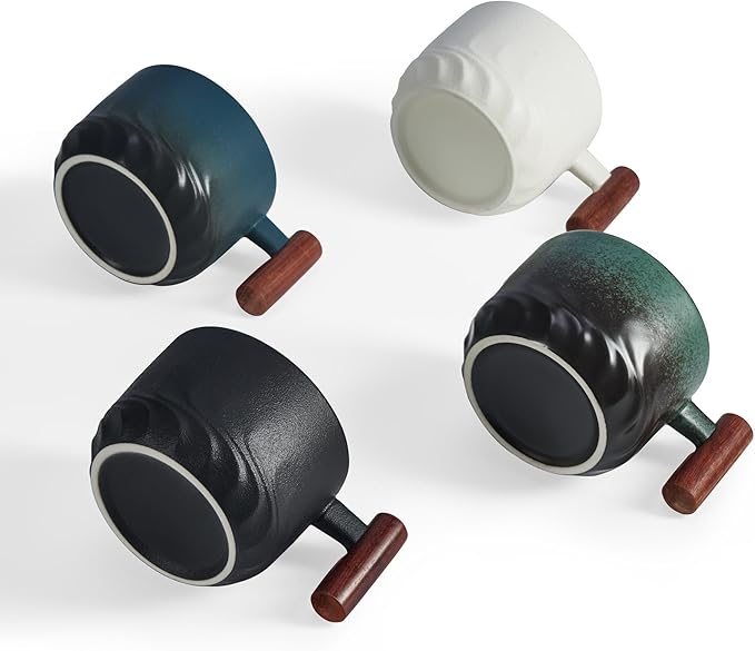 6oz Ceramic Espresso Cups with Wooden Handle, Small Coffee Cups for Latte Cappuccino, Tea Cups Set of 4