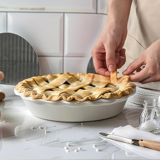 Homaisson Ceramic Pie Pans for Baking, 9.8 in Round Pie Dishes with Fluted Edges, Round Baking Dish, for Apple, Quiche, Pot Pies, Tart, Set of 2, White