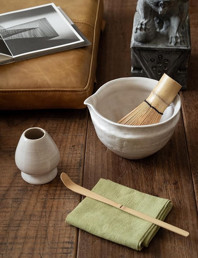 6-pcs Japanese Matcha Whisk Set with Handmade Wabi-Sabi Ceramic Bowl(Chawan),Bamboo Chasen, Whisk Holder, Scoop, Sifter & Tea Towel,Matcha Ceremony Kit,(Light Veil Gray)