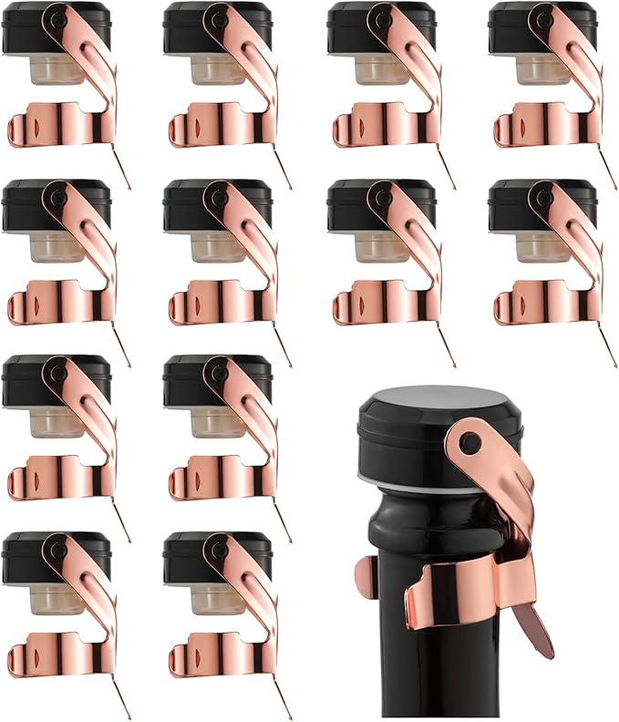WOTOR Champagne&Wine Bottle Stoppers Stainless Steel with Food Grade Silicone, Leak Proof Keep Fresh Reusable Saver, Cork Suitable for Wine, Champagne, Cava, Prosecco and Sparkling (12 Pack Rosegold）