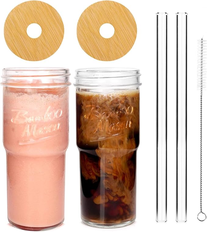 ANOTION Glass Cups with Lids and Straws 2 Packs, 24oz Travel Coffee Mug Wide Mouth Bamboo Mason Jar Iced Coffee Cup Smoothie Cup Glass Tumbler Tea Cup Clear Cute Water Cups Drinking Jars Glasses