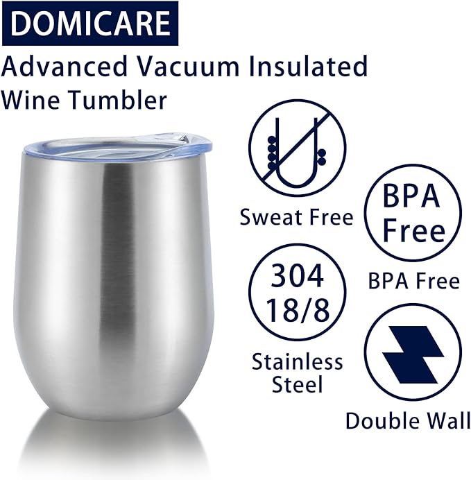 DOMICARE Stainless Steel Wine Tumbler Bulk with Lid, Personalized Insulated Tumblers Set, 12oz Travel Coffee Cups Pack of 8, ss steel