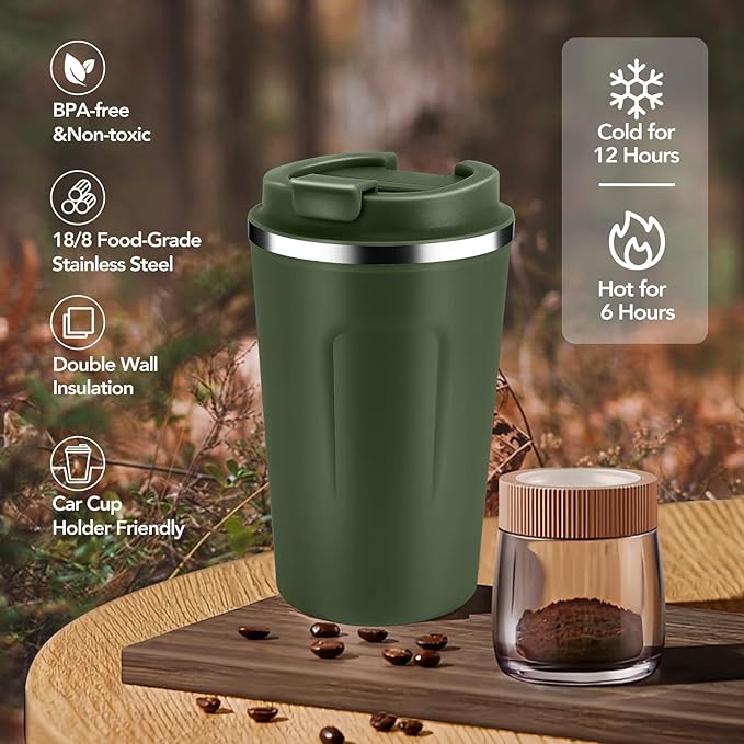 Volhoply 12 oz Double Wall Insulated Vacuum Travel Coffee Mugs with Flip Lid Bulk 2 Pack,Reusable Stainless Steel Leak Proof Coffee Cup,Portable Thermal Tumbler for Cold & Hot Drinks(Army Green,2 Set)