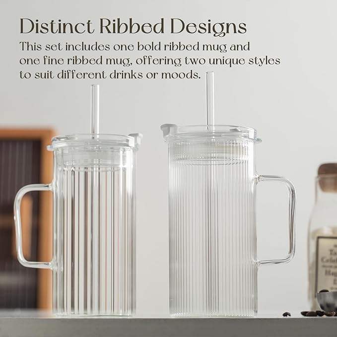 KEMORELA 2PCS Glass Tumbler with Lid and Straw - 24oz Ribbed Drinking Cups with Straw & Lid, Iced Coffee Cups - Reusable Glass Tumblers for Tea, Juice, Bubble Tea