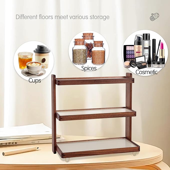 Coffee Mug Holder Wooden Cup Rack,3-Tier Acrylic Home Wood Mug Display Rack for Kitchen Countertops, Coffee Bars, Syrup, Cups, Stirrers