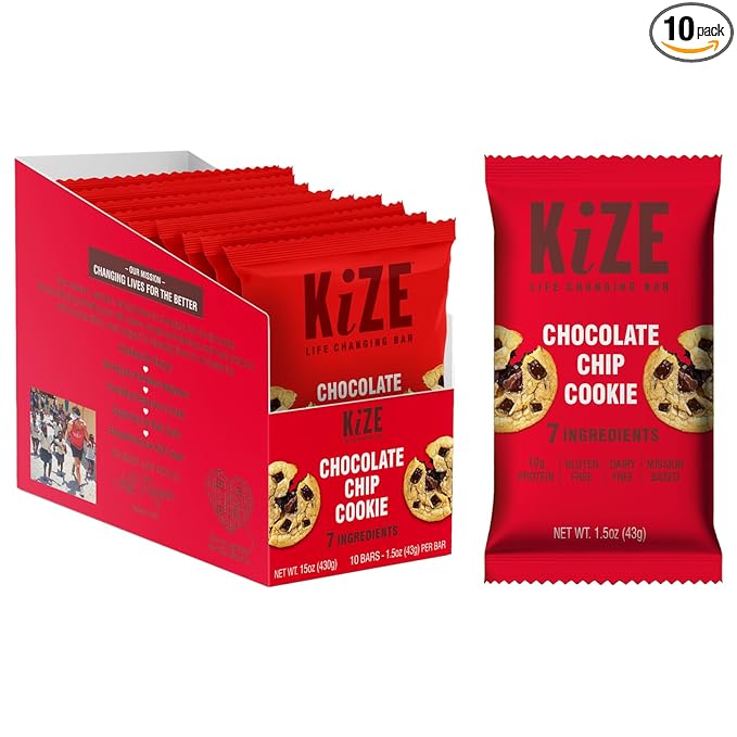 KiZE Energy Bars - Chocolate Chip Cookie - Almond-Butter-Based, Gluten Free, Dairy Free, Non-GMO, and High Protein Meal Replacement Energy Bars, Clean and Simple Food Ingredients - 10g High Protein Snacks, (10 Count)