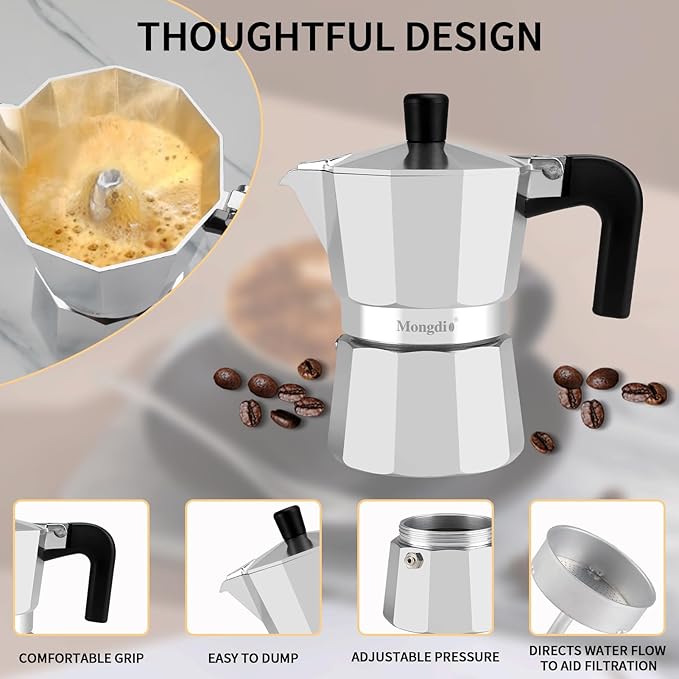 Mongdio Stovetop Espresso Maker Moka Pot, Stove Top Cuban Coffee Maker, Italian Greca Mocha Pot, 3 Espresso Cups, 5 oz - Silver