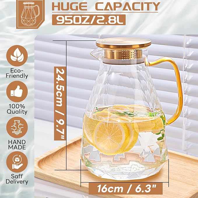 Yirilan 2.8 Liter Glass Pitcher with Lid, Transparent, Thermal Shock Resistant, Microwave Safe, Natural, 2.8L, Round, 6x12 Inches