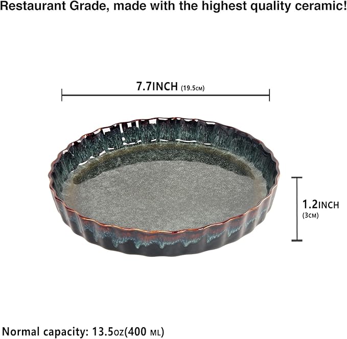 7 Inch Ceramic Pie Pan Quiche Dish 13.5 Ounces Baking Pan, Set of 2 Au Gratin Baking Dishes, Non-Stick Tart Pan, Pie Plate for Apple, Oven Safe, Round Ruffled Edge 7.7 Inch