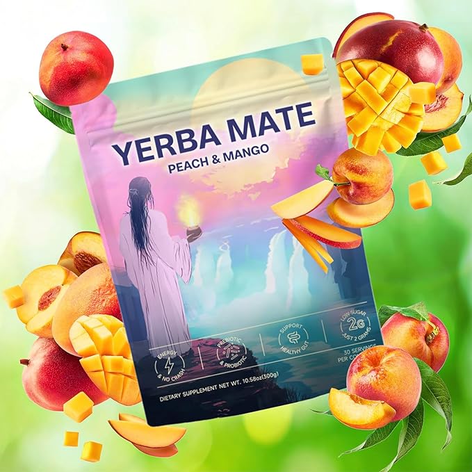 Yerba Mate Peach Mango Tea Powder Low Sugar Content Clean Energy with No Crash Stay Refreshed for Health Enthusiasts 30 Servings