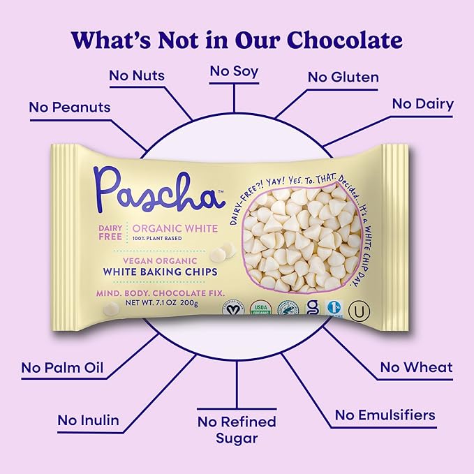 Pascha Organic Vegan White Baking Chips - Dairy-Free Alternative - Rice-Based Bulk Baking Chocolate - Allergen-Free & Plant-Based - Rainforest Alliance Certified Cocoa Butter, (Pack of 6)
