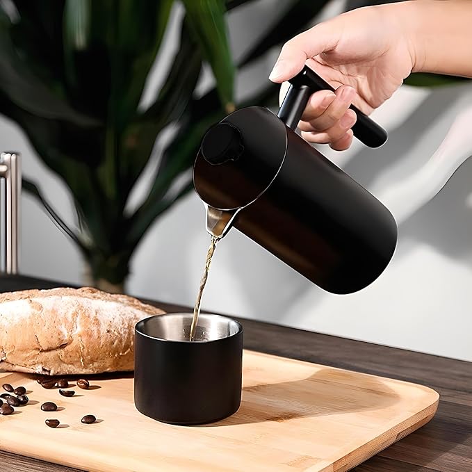 YJX 34oz Coffee Maker, Stainless Steel French Press, 1 Liter Camping Coffee Pot, Tea Maker, 34 Ounce Travel Coffee Presses, Heat Resistant Double Insulated (Black)
